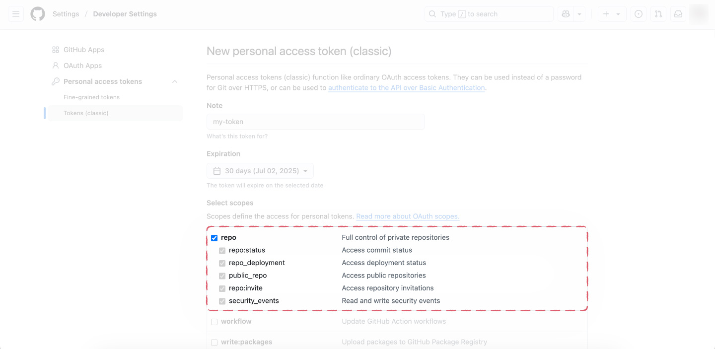 Assigning scope for personal access token