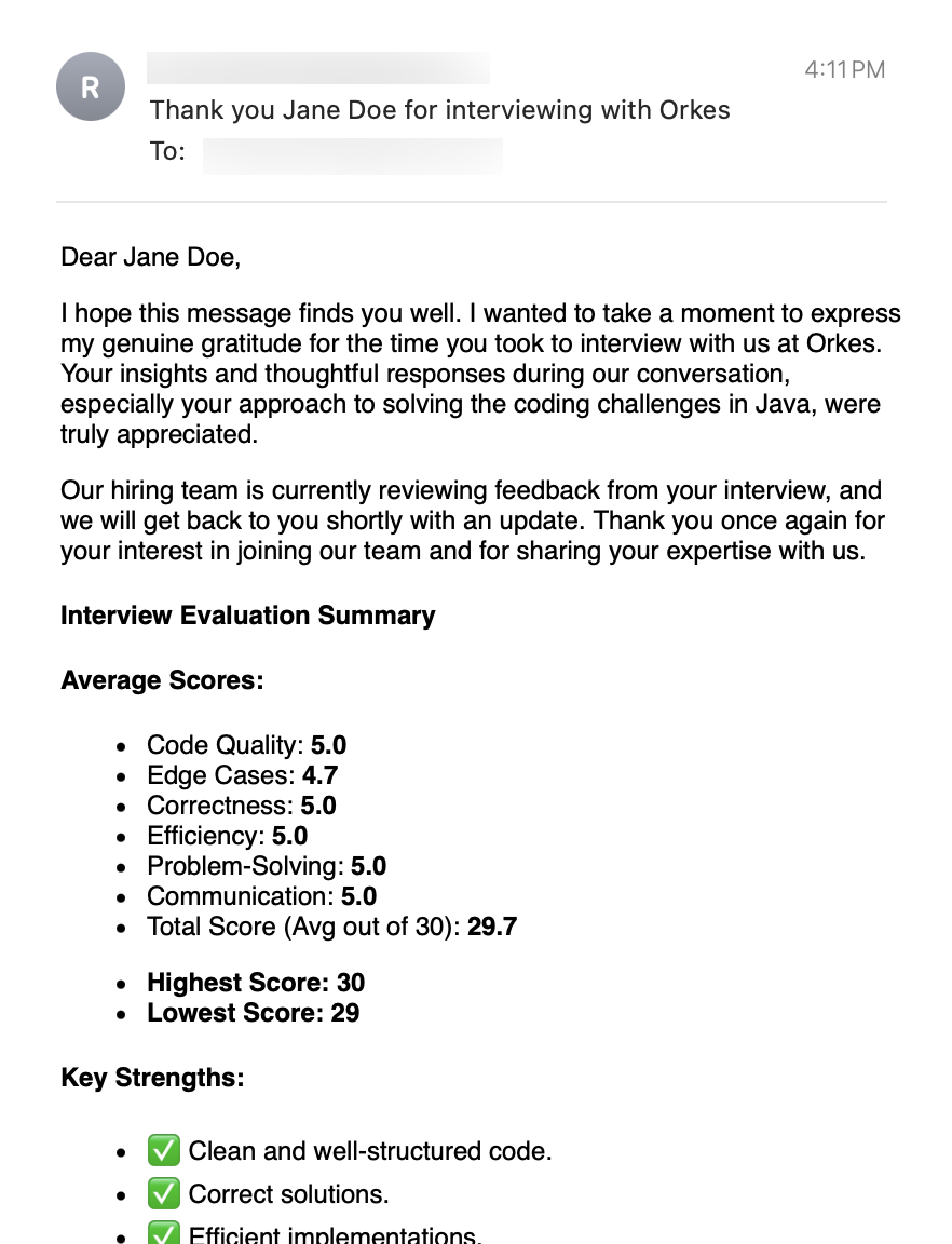 Thank you email received instantly on completing the interview