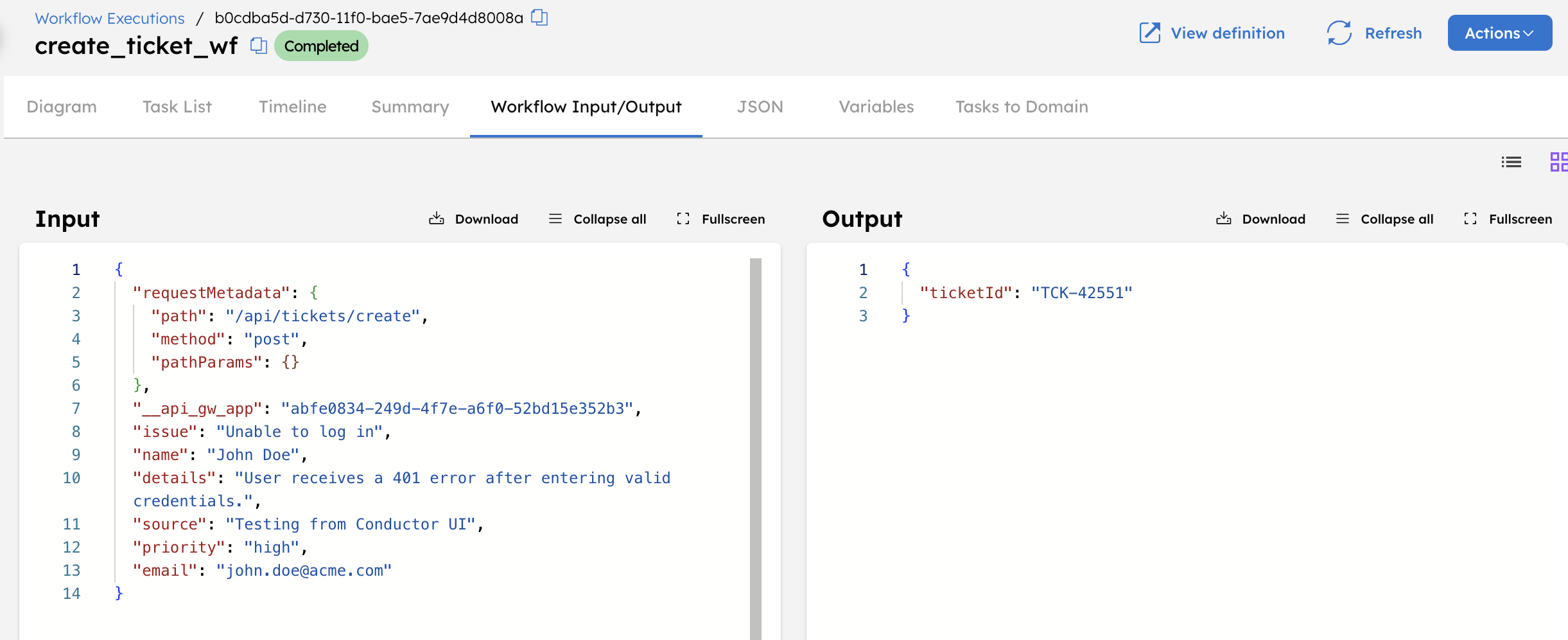Ticket workflow execution in Conductor