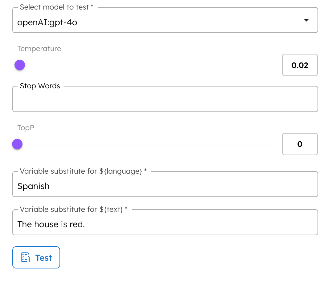 Example inputs for testing the translate prompt.