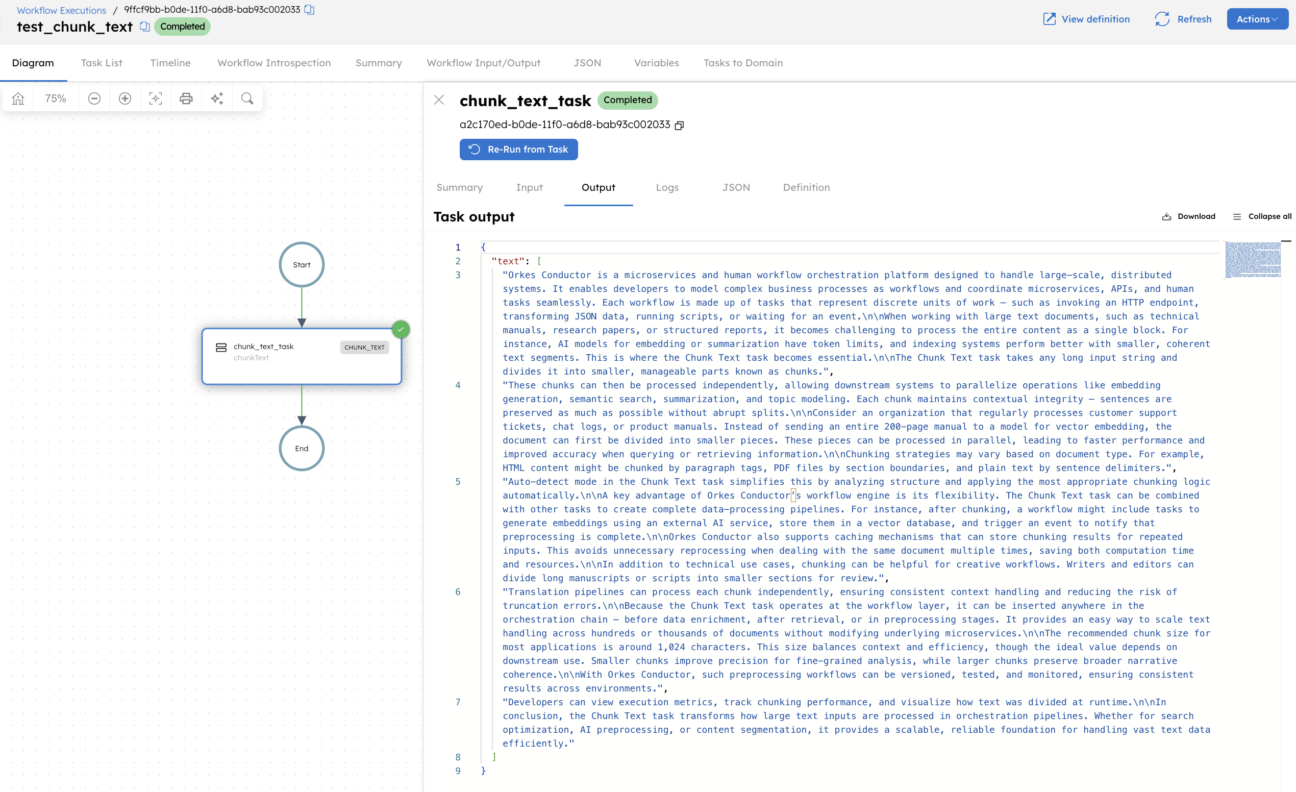 Output of the chunk text task