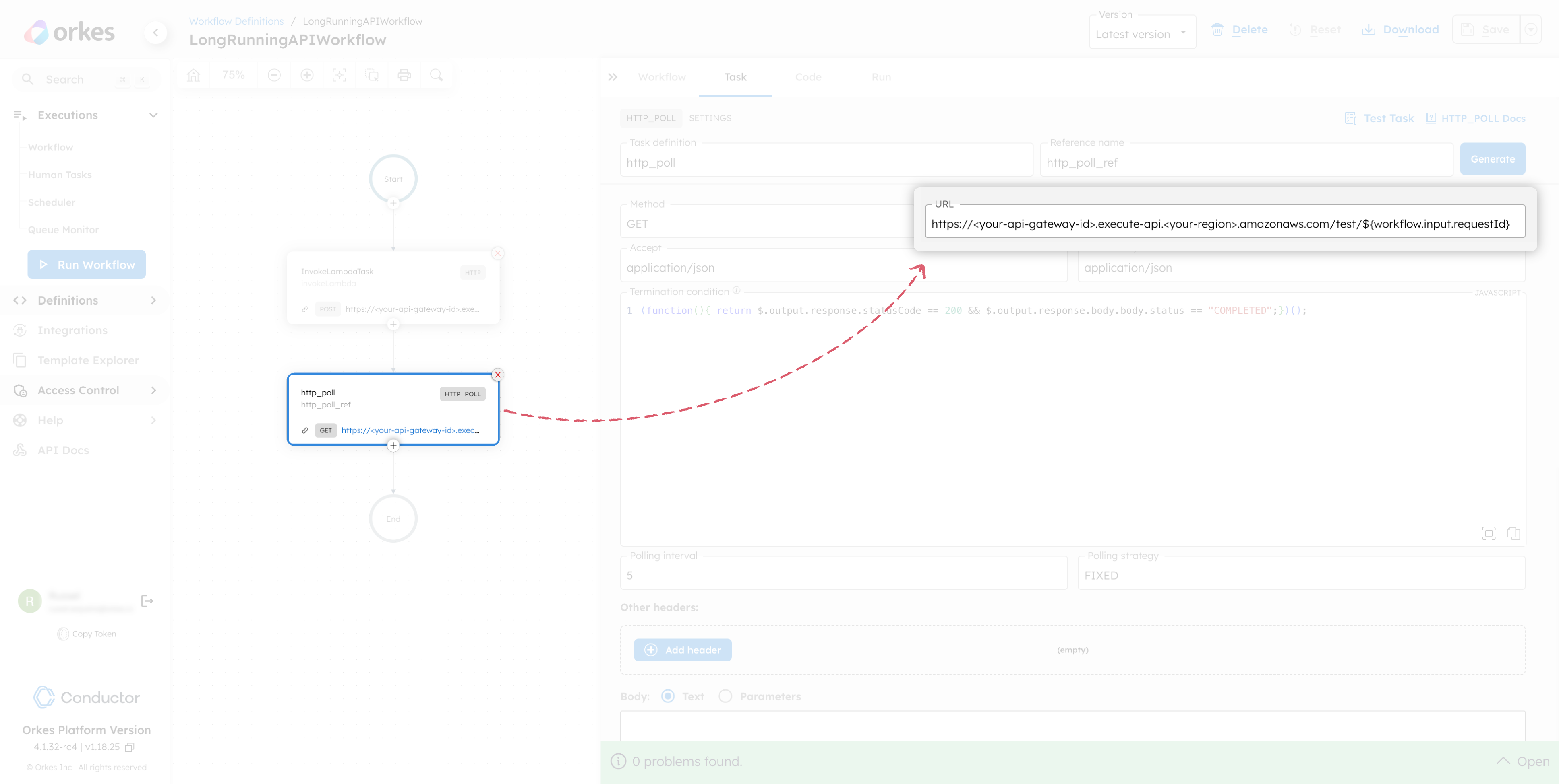 Querying long running task status at regular intervals using HTTP Poll task in Orkes Conductor
