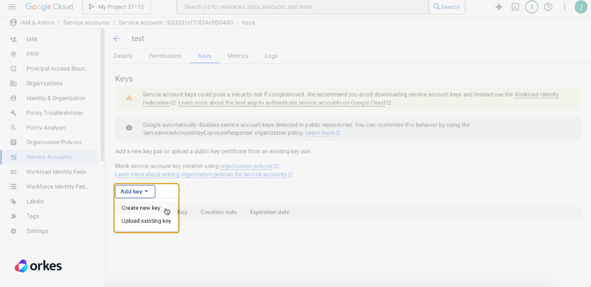 Creating service account key from GCP project