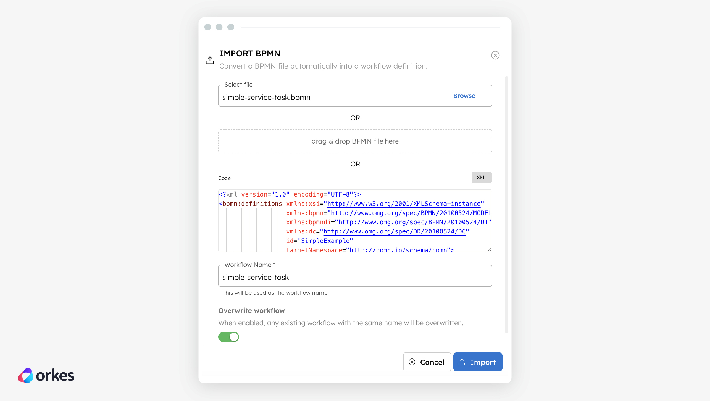 File upload for BPMN Importer in Orkes Conductor