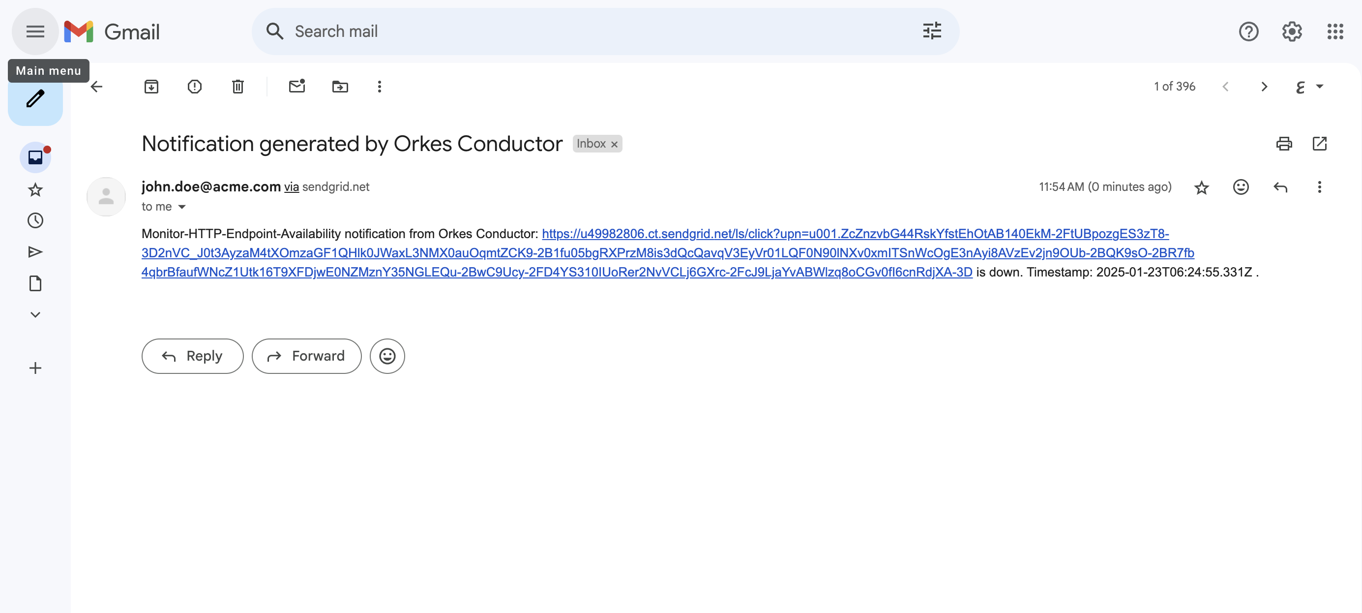 Example for a notification received as an email via Sendgrid