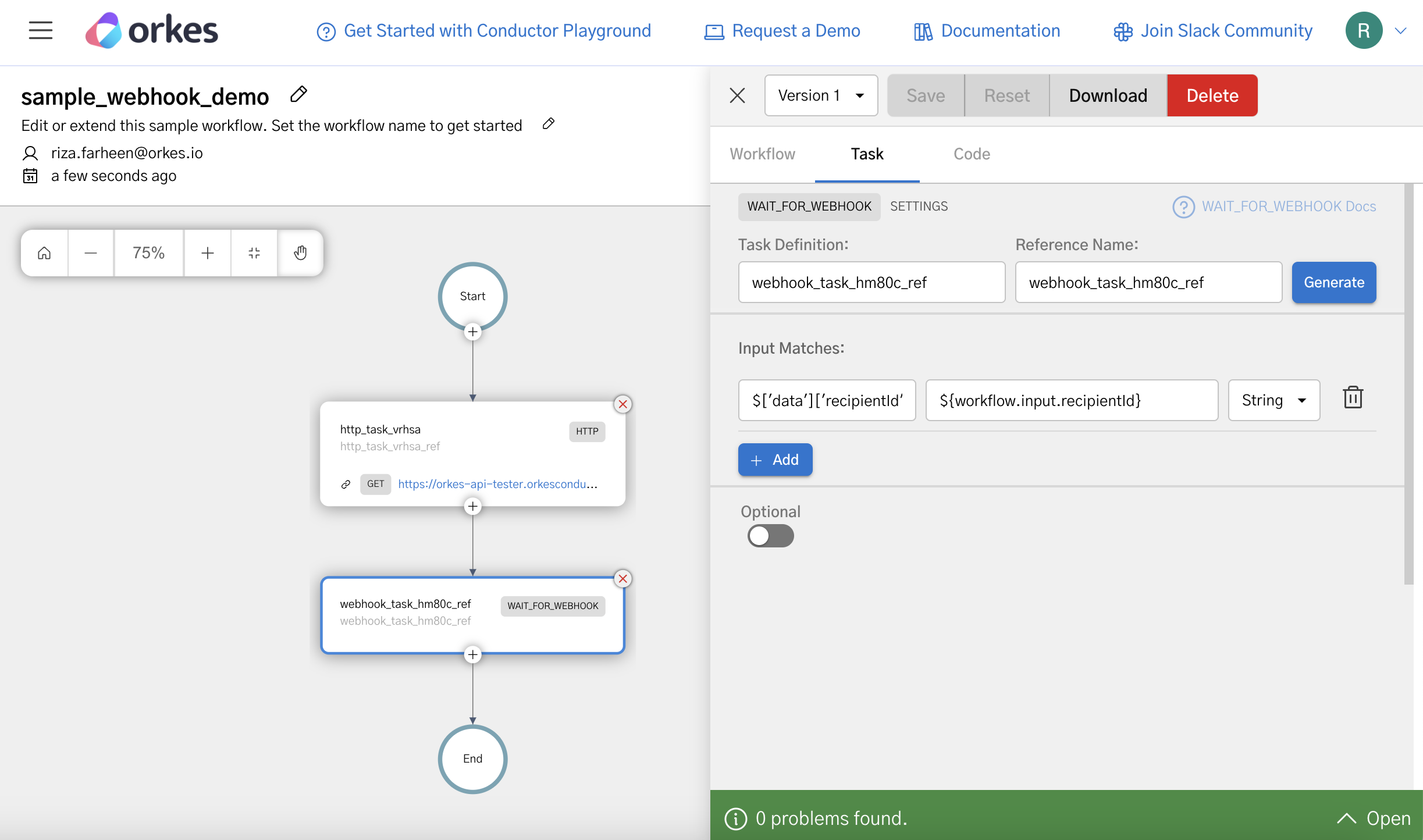 Creating a workflow with webhook task