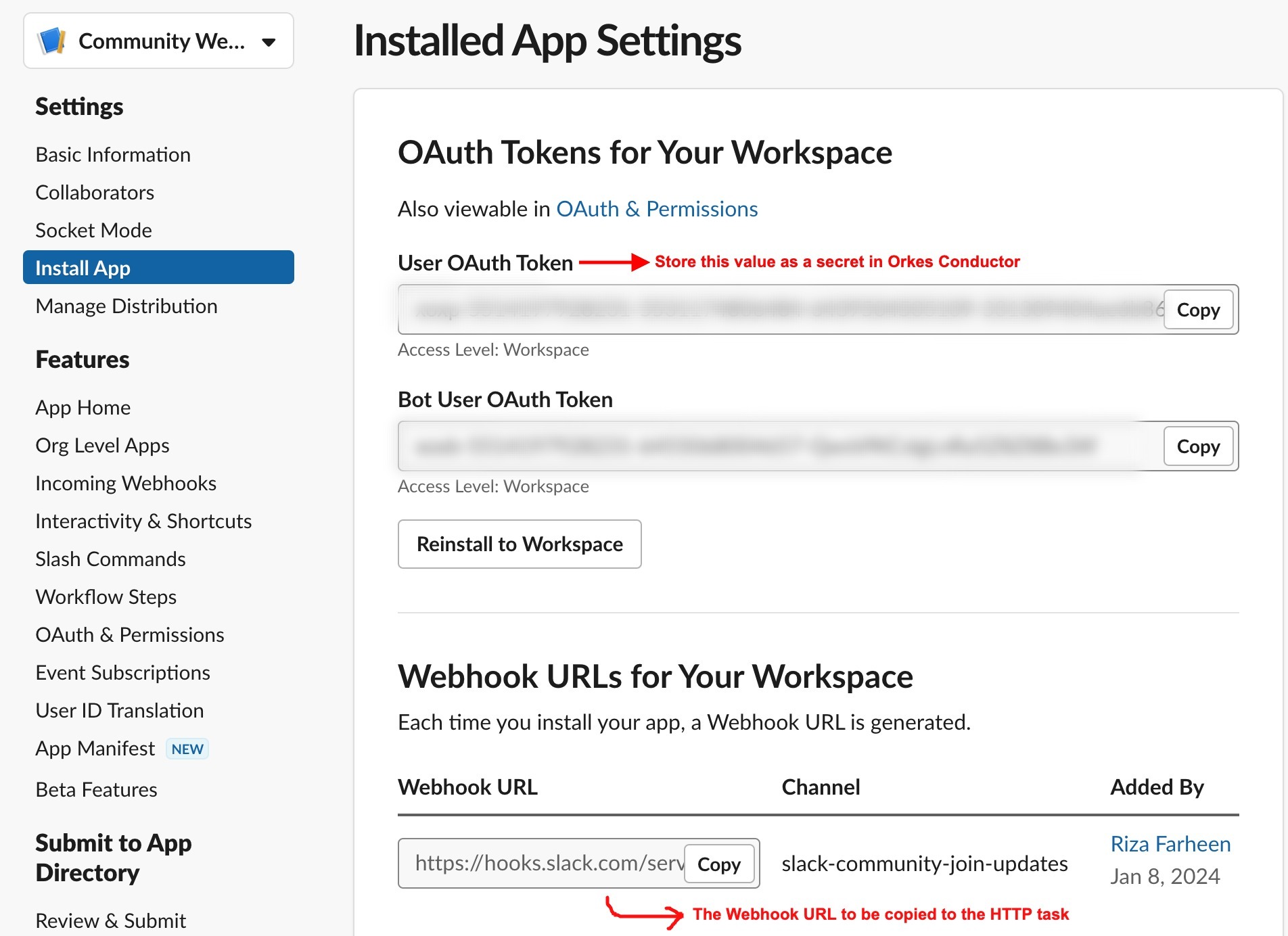 OAuth tokens & webhook URL