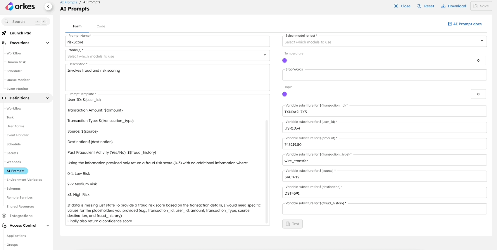 riskScore model and LLM prompt template in Orkes Conductor